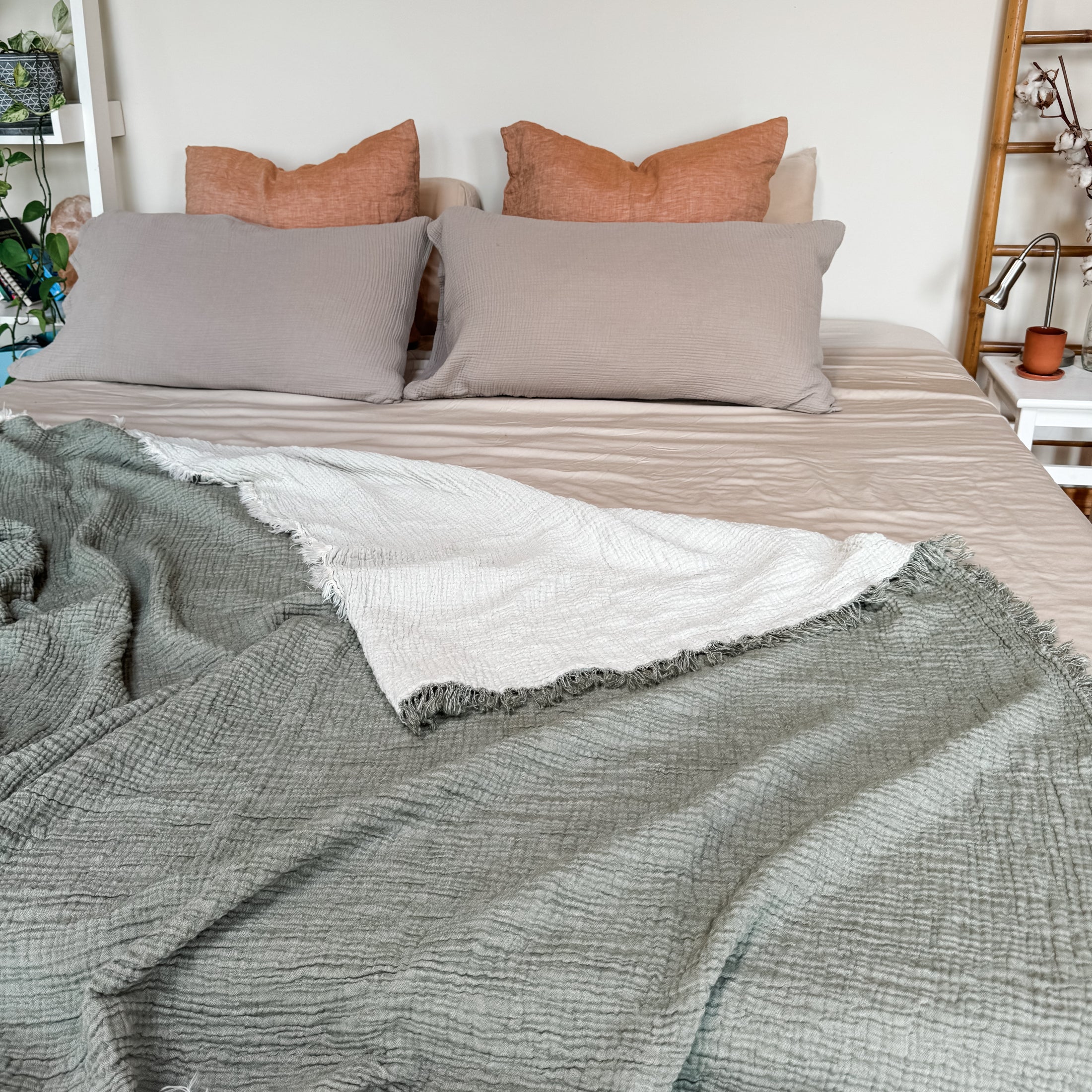Bodrum Olive Green Crinkle Cotton Blanket