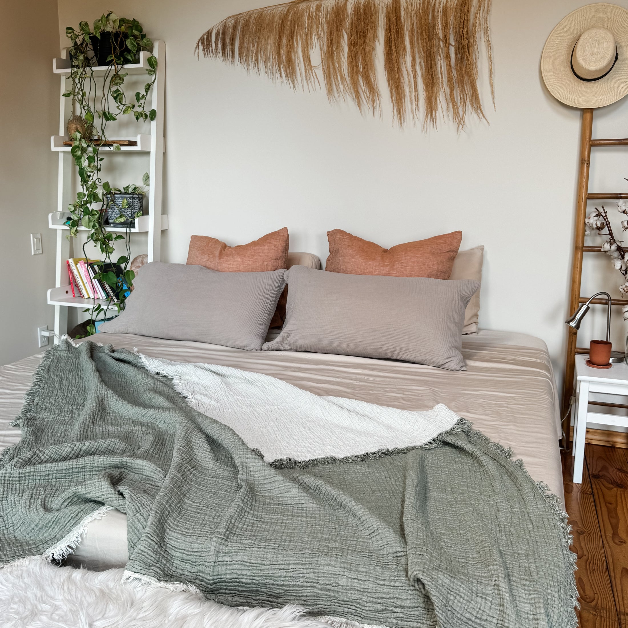 Bodrum Olive Green Crinkle Cotton Blanket