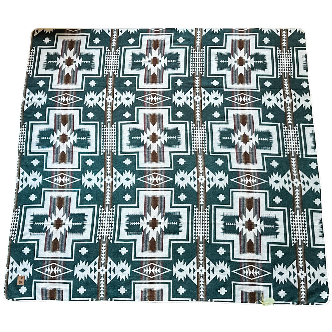 Zamora Aztec Reversible Blanket // Teal Green/Rust/Cream