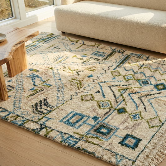 A rectangular area rug with a Southwestern geometric pattern in blue, olive green, and black on a cream base, styled on a light wood floor in a bright living room next to a cream boucle sofa.