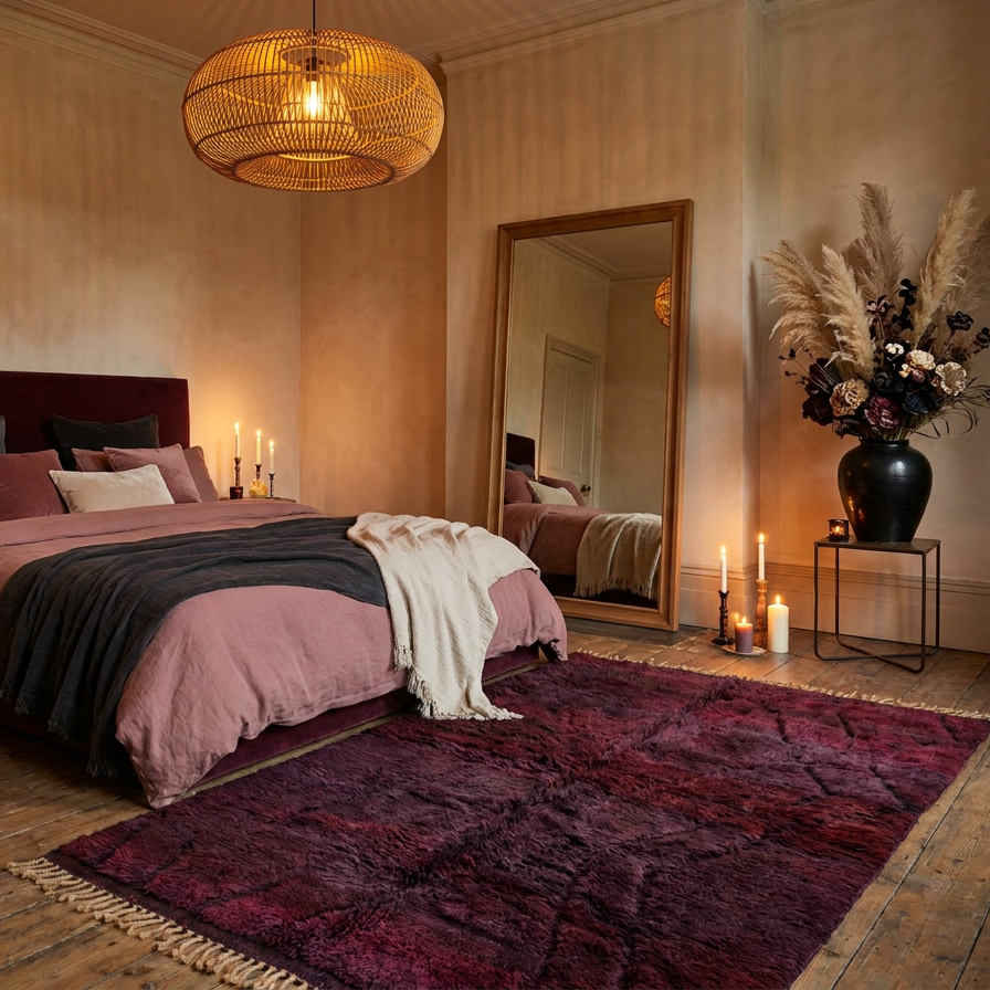 A styled bedroom interior featuring a bed dressed in dusty pink and charcoal bedding, a large deep burgundy area rug in the foreground, a tall floor mirror, candles, a woven pendant light, and a black vase with dried pampas grass against textured beige walls.