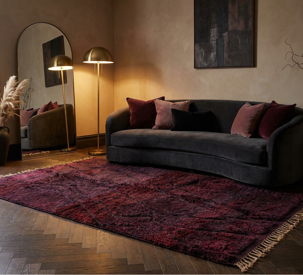 A large rectangular area rug in deep burgundy and maroon tones with fringe, styled in a warm, modern living room next to a dark gray sofa with accent pillows.
