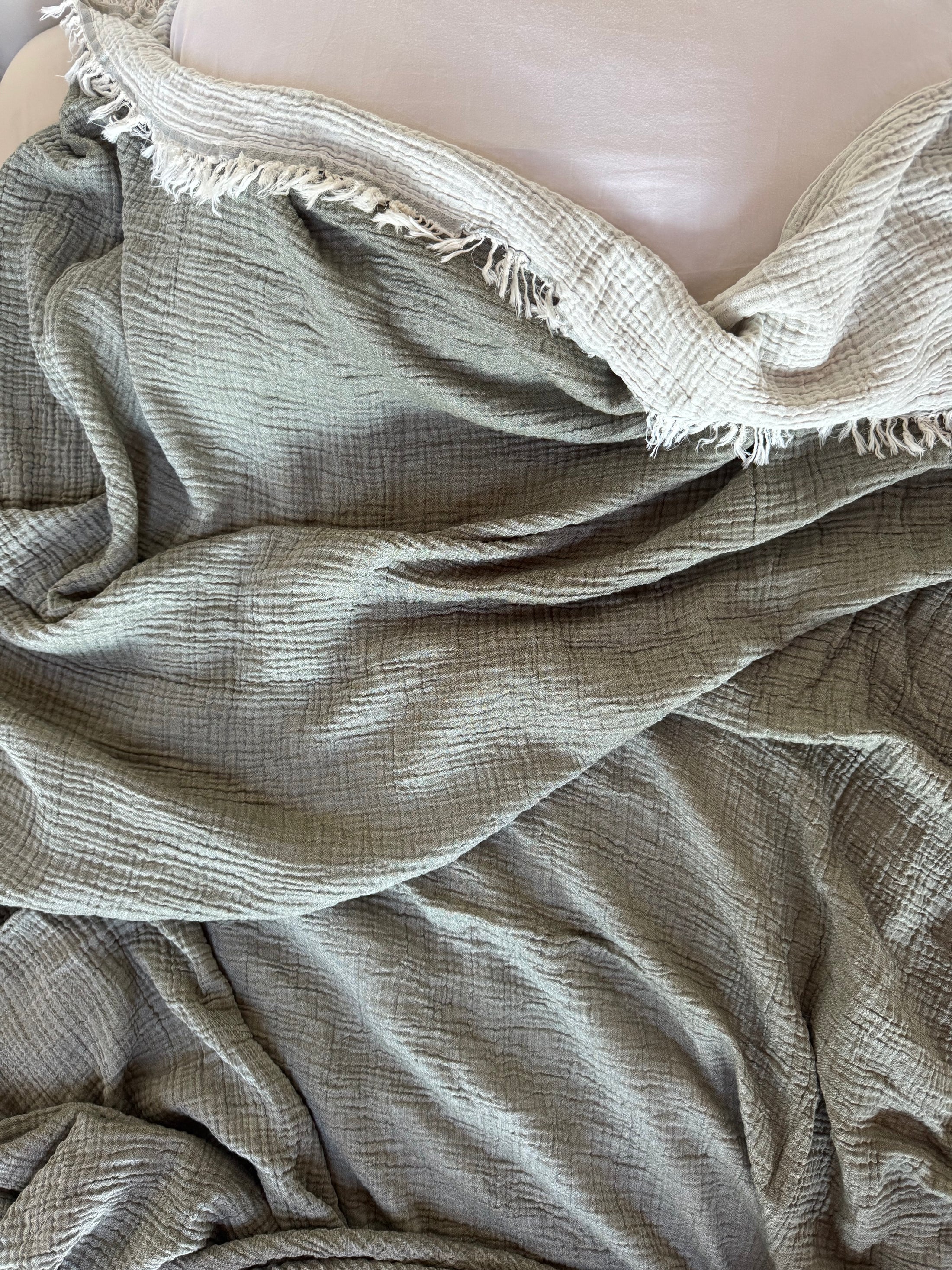 Bodrum Olive Green Crinkle Cotton Blanket