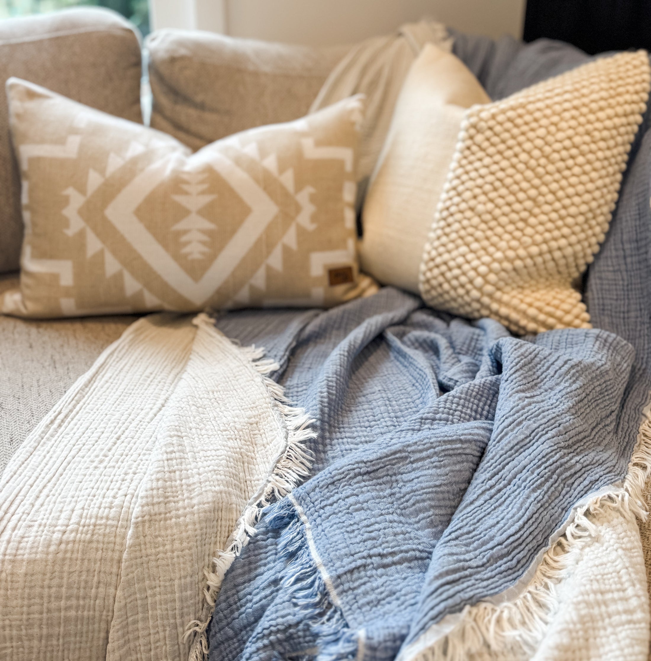 Kayseri Blue Crinkle Cotton Blanket