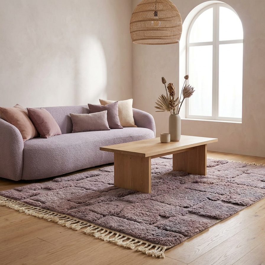 A cozy living room scene featuring a mauve-purple textured area rug with fringe, styled with a light wood coffee table, a lavender bouclé sofa, and neutral-toned decor.
