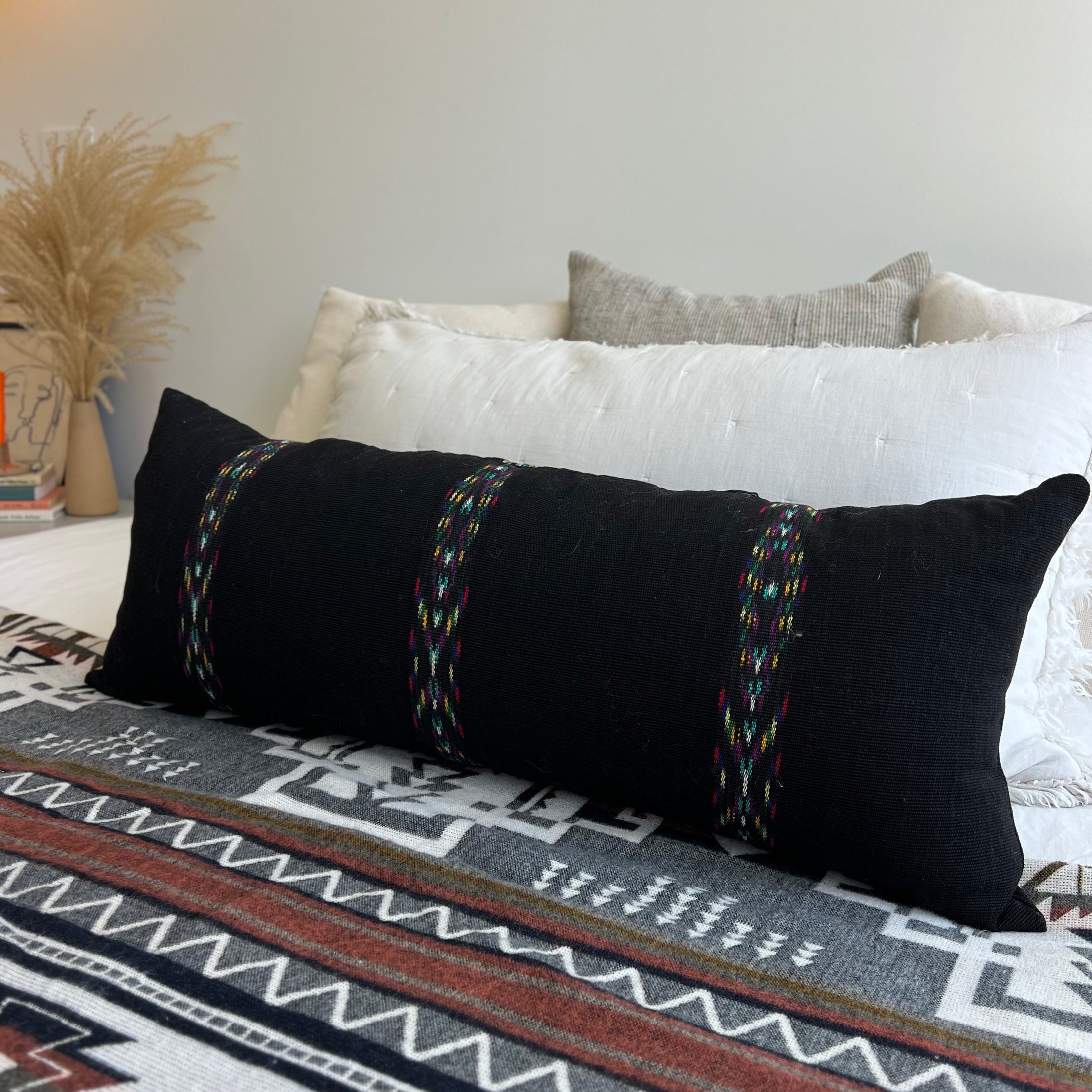 Black Ikat Cotton Long Lumbar Pillow Cover