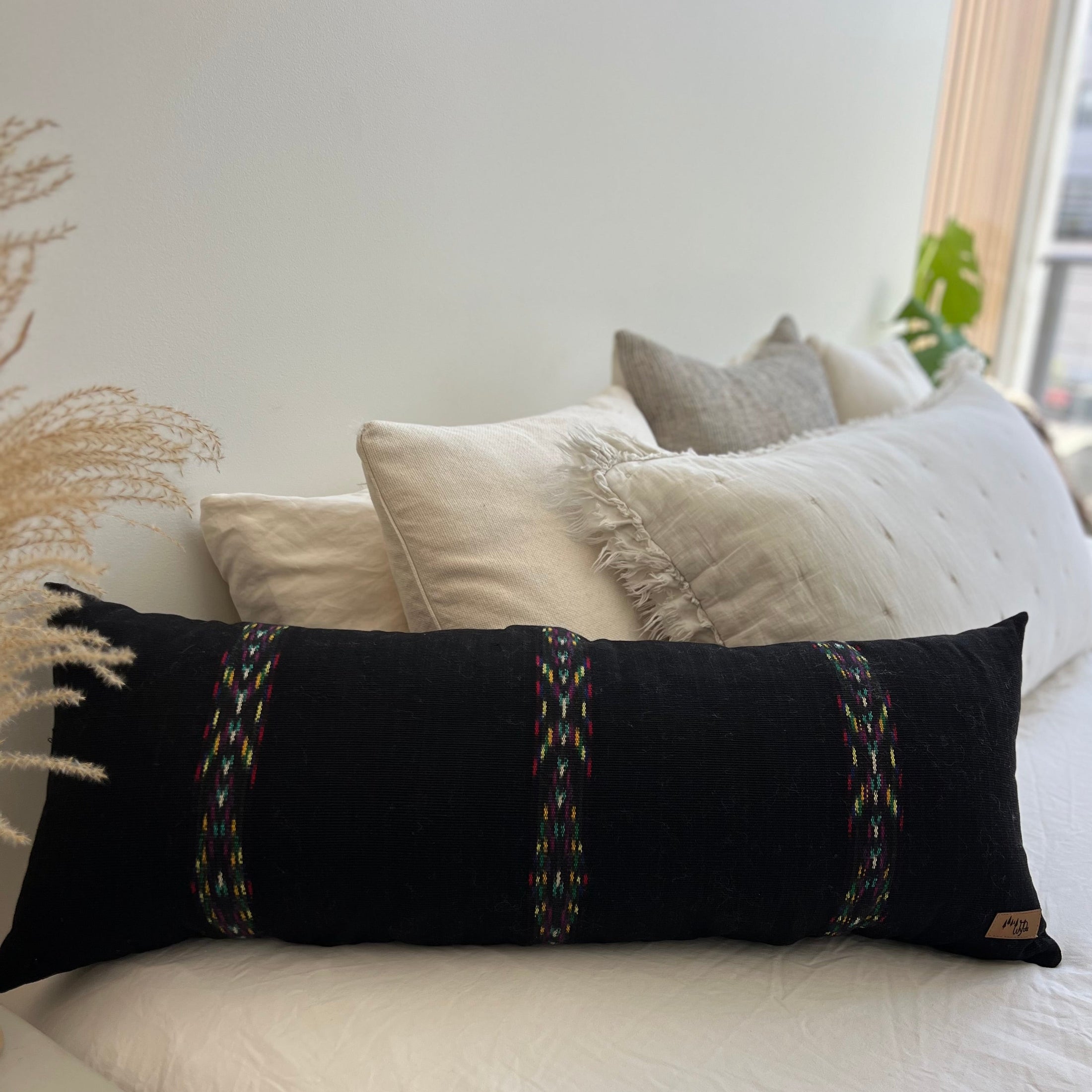 Black Ikat Cotton Long Lumbar Pillow Cover