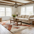 Load image into Gallery viewer, A bright, modern farmhouse-style living room featuring a cream upholstered sofa, a rustic wooden coffee table, a large patterned area rug, and woven baskets on a light wood floor. The room has white shiplap walls, exposed wooden ceiling beams, and large multi-pane windows with white curtains.
