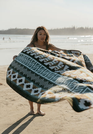 Riobamba Aztec Reversible Blanket  //  Olive Green/Brown/Turquoise/Mustard