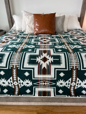 Zamora Aztec Reversible Blanket  //  Teal Green/Rust/Cream